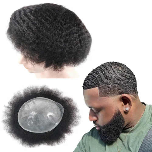 Miniatura 31 de Pelucas Afro Rizadas Toupé para Hombres Pelucas para Hombre Afroamericano Negro Unidad de Cabello Masculino Negro Rizado Afro Tejido Masculino