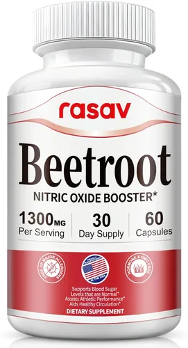 Rasav Cápsulas de raíz de remolacha – 1300 mg de polvo de raíz de remolacha ayuda a apoyar la producción de óxido nítrico, flujo sanguíneo,