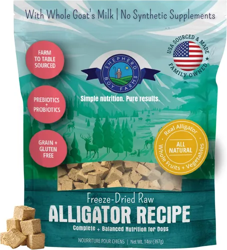 Shepherd Boy Farms Alimento crudo liofilizado para perros, receta de cocodrilo, totalmente natural, sin sintéticos, fabricado en Estados Unidos con