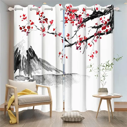 Miniatura 18 de Cortinas japonesas con pintura de tinta, monte Fuji, sol rojo, puesta de sol, hojas de bambú, cortinas de ventana para dormitorio, sala de estar