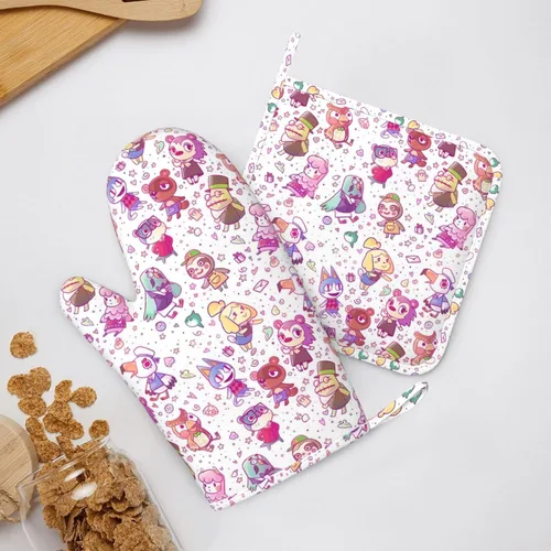 ANI-mal - Juego de guantes de horno y soportes para ollas Cro-ssing resistentes al calor, antideslizantes, de silicona, con guantes de horno y