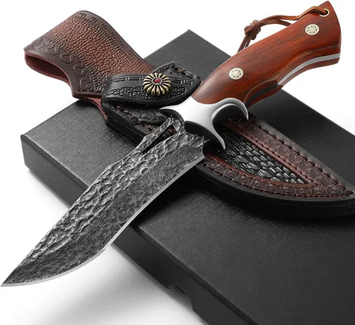 DRACHENADER Cuchillo de caza de Damasco VG10 hecho a mano con 67 capas de acero de Damasco con funda de cuero real, hoja fija para hombres, mango de