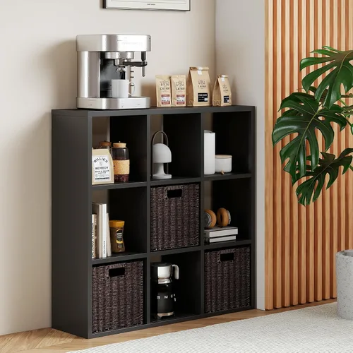 Miniatura 14 de Organizador de almacenamiento vertical de 2 cubos de metal, estantería corta negra con espalda abierta, estante de almacenamiento de cubo pequeño
