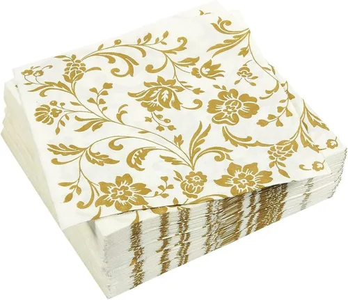 BLUE PANDA Paquete de 100 servilletas desechables de papel floral blanco y dorado, 6.5 x 6.5 pulgadas, servilletas decorativas para recepción de