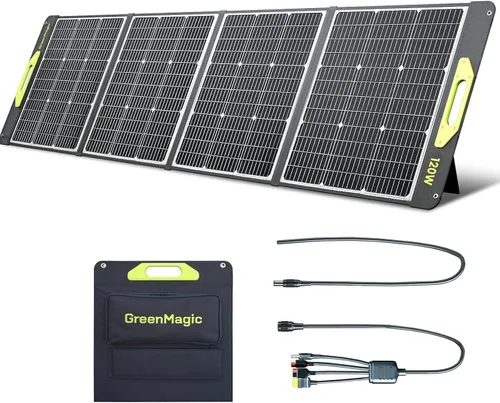Panel Solar Portátil de 120W, Panel Solar Plegable Greenmagic de 120W 19V para Camping al Aire Libre RV Hogar, Resistente al Agua IP67 con Estuche
