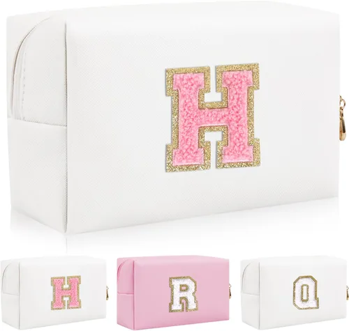 Miniatura 34 de Bolsa de maquillaje con parche de letra inicial personalizada, bolsa de cosméticos de chenilla preppy con letra de chenilla con cremallera, Y