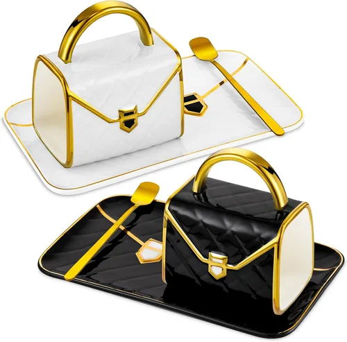Nitial Juego de 2 tazas y platillos en forma de bolso de 10 onzas/10.5 fl oz de cerámica, taza de té con cuchara de platillo para oficina, hogar,