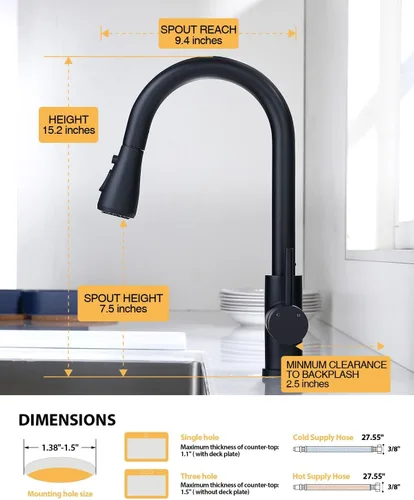 Miniatura 3 de Hiqufet Grifo de cocina negro con rociador desplegable, Grifos de fregadero de cocina para autocaravana para llenador de ollas, Fregadero de bar