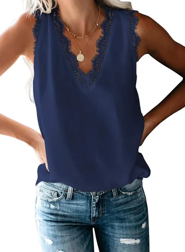 Miniatura 54 de VIISHOW - Camiseta sin mangas, sexy, con cuello en V y bordes de encaje para mujer, camisola de vestir, camisas de gasa, sin mangas, casuales