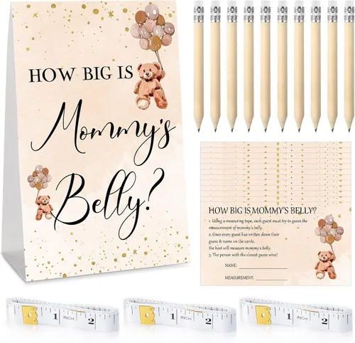 Miniatura 19 de Sabary 64 Piezas Juegos de Baby Shower Incluyen Letrero How Big is Mommy's Belly Sign Measure Bump Game 50 Tarjetas 10 Lápices 3 Cintas Métricas