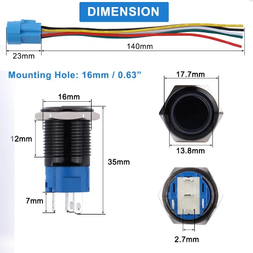 Miniatura 4 de 2 piezas de interruptor de botón de cierre antivandálico de metal impermeable de 0.630 in, carcasa negra autobloqueante con enchufe precableado