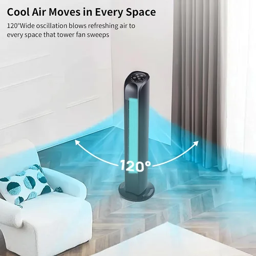 Miniatura 6 de Uthfy Ventilador de torre oscilante para dormitorio, ventilador de pie portátil con control remoto, 3 modos, 3 velocidades, temporizador de 7.5