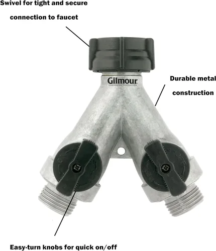 Miniatura 3 de Gilmour Divisor de manguera de jardín de 2 vías resistente, divisor de manguera de agua doble con válvula de cierre, colector de agua de metal