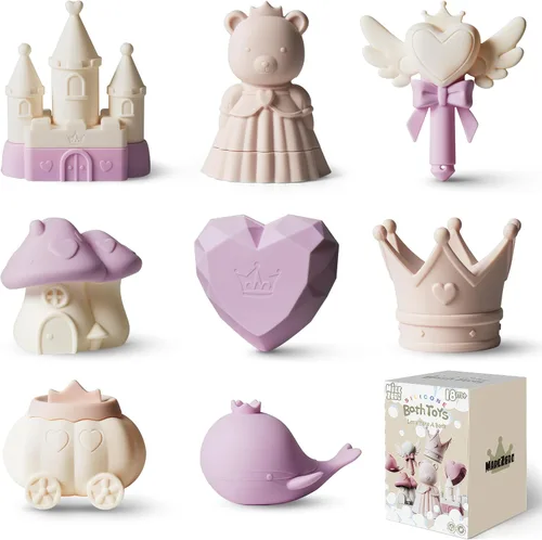 Miniatura 12 de MarcZero Juguetes de Baño de Silicona Princesa 8 Piezas para Niños Pequeños Niños Bebés, Juguetes de Agua para Bañera, Conjunto de Juguetes de Rosa