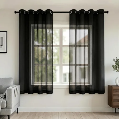 Cortinas traslúcidas negras de 45 pulgadas de largo para ventanas de sótano, juego de 2 paneles con ojales, cortinas cortas semitransparentes de