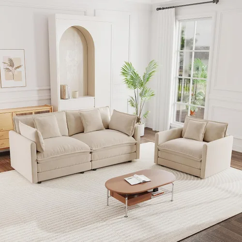 Miniatura 12 de mikibama Juego de sofá biplaza y sillón de lujo de 2 piezas, moderno juego de sofás nube tapizados de chenilla con 5 almohadas para sala de estar