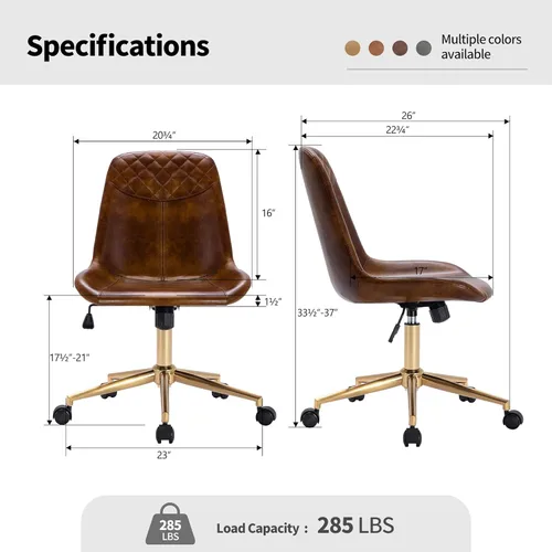 Miniatura 3 de DUHOME Silla de oficina moderna de piel sintética, silla de escritorio giratoria para computadora con base dorada, marrón amarillento Marrón