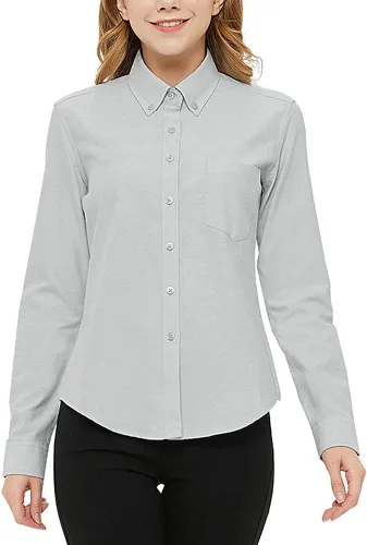 Miniatura 16 de Camisa con botones para mujer de manga larga Oxford camisa de algodón de corte clásico, blusa de trabajo resistente a las arrugas