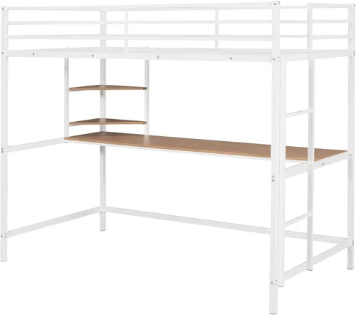 Miniatura 5 de Marco de cama de metal tipo loft de tamaño individual con escritorio y estantes de almacenamiento, marco de cama de metal con barandilla segura