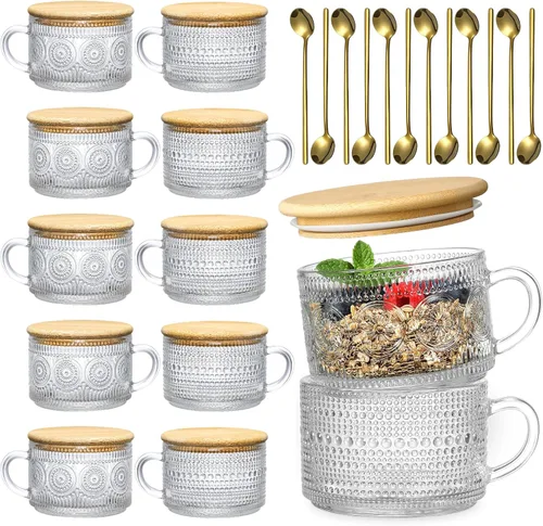 Miniatura 10 de Juego de 4 tazas de café vintage, regalos para mujeres, recipientes de avena durante la noche con tapas y cucharas de bambú, tazas de vidrio