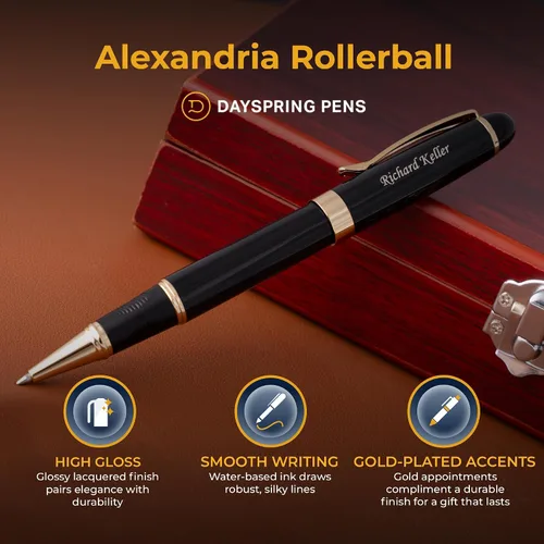 Miniatura 4 de Dayspring Pens Alexandria - Bolígrafo de punta redonda, negro con borde dorado, barril grande, grabado dorado en la tapa, repuesto estándar