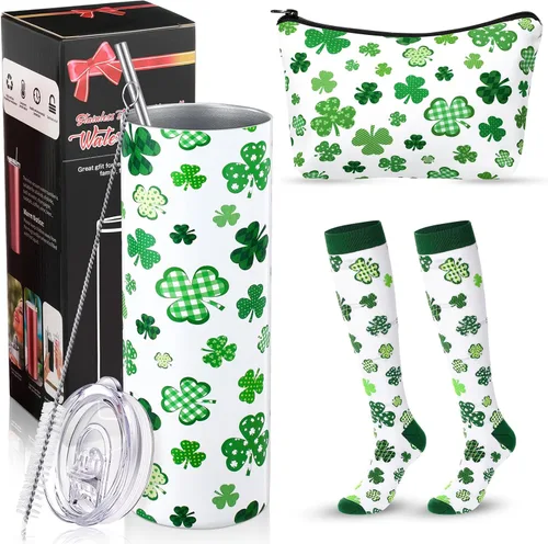 Geiserailie Juego de regalos del día de San Patricio para mujer, regalo de trébol verde, vaso estampado de trébol con tapa, bolsa de maquillaje de