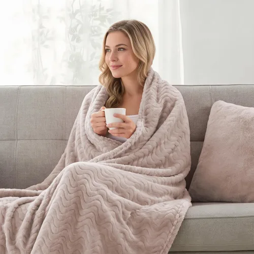 Miniatura 3 de Exclusivo Mezcla Manta Queen para cama, acogedora manta ligera de vellón con textura ondulada decorativa, adecuada para invierno, camello, 90 x 90