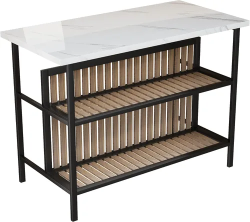 Miniatura 4 de AWQM Isla de cocina con asiento y estante de almacenamiento, mesa de isla de mármol sintético para cocina, mesa de bar moderna y sillas para 2
