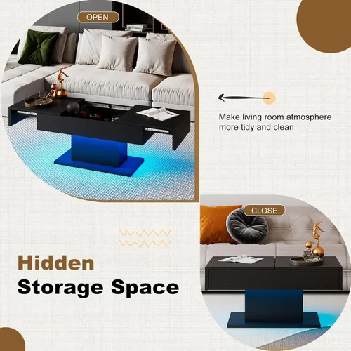 Miniatura 3 de HedoAjim - Mesa de café LED negra con almacenamiento para sala de estar, mesa de centro rectangular para sala de estar, mesas de café modernas