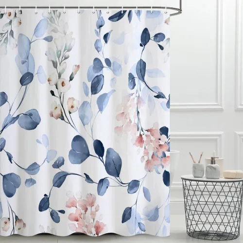 Miniatura 16 de Cortina de ducha pequeña de eucalipto azul acuarela, juego de cortinas de ducha pequeñas impermeables con diseño floral de primavera con ganchos, 36