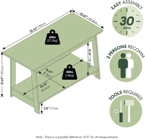 Miniatura 4 de Furinno Beginning - Soporte de TV rectangular de 2 niveles con estante abierto, consola de TV para TV de hasta 36 pulgadas, parte trasera abierta