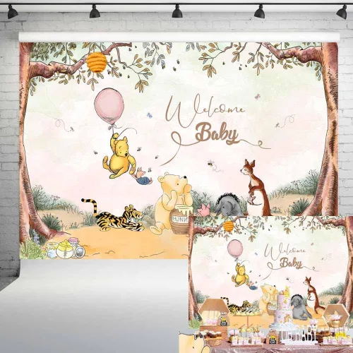 Miniatura 4 de Welcome Baby Pooh Bear - Telón de fondo clásico verde para baby shower, decoración de fiesta de cumpleaños de recién nacido, 7 x 5 pies, 166