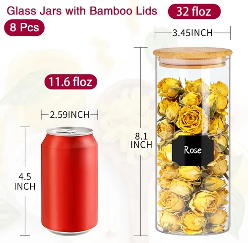 Miniatura 2 de BGraceyy 8 tarros de vidrio de 32 onzas con tapas de bambú, tarros apilables transparentes para almacenamiento de alimentos, recipientes herméticos