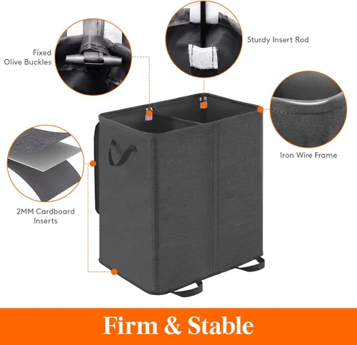Miniatura 2 de Lifewit Cesta doble para ropa sucia con tapa y bolsas de lavandería extraíbles, gran plegable, 2 divisores, cesta de ropa sucia con asas para Negro