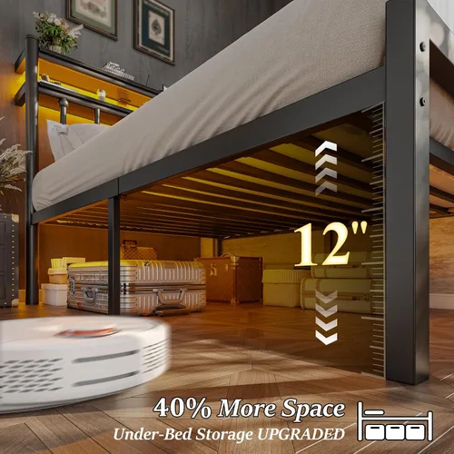 Miniatura 6 de Homkdom Base de cama de metal de tamaño individual con luces LED inteligentes y cabecera de almacenamiento de 2 niveles, base de colchón resistente