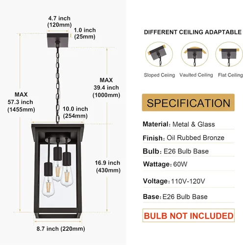 Miniatura 70 de TODOLUZ Lámpara Colgante de Exterior de 3 Luces Negra, Linterna Colgante Exterior Ajustable Luz de Porche