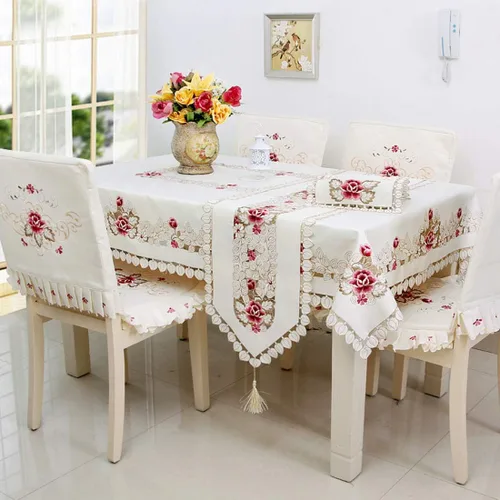 Miniatura 8 de LeLehome - Mantel de encaje bordado con flores cafés, color crema y beige, diseño clásico y tela que no se arruga para mesa de comedor