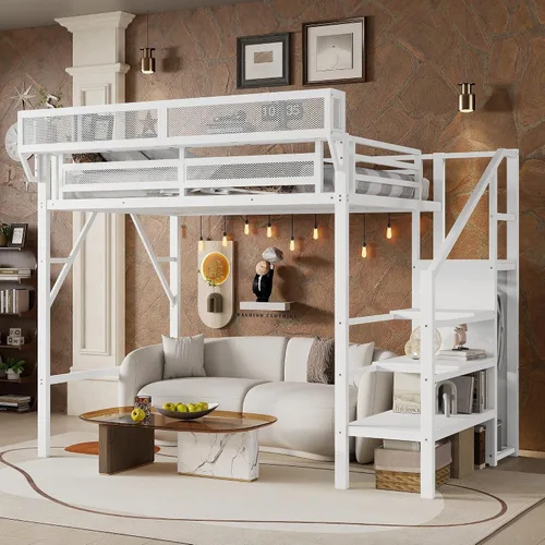 Miniatura 13 de KEIKI Base de cama de metal tamaño individual con escalera convertible, estantes de almacenamiento integrados y armario, cama alta con listones