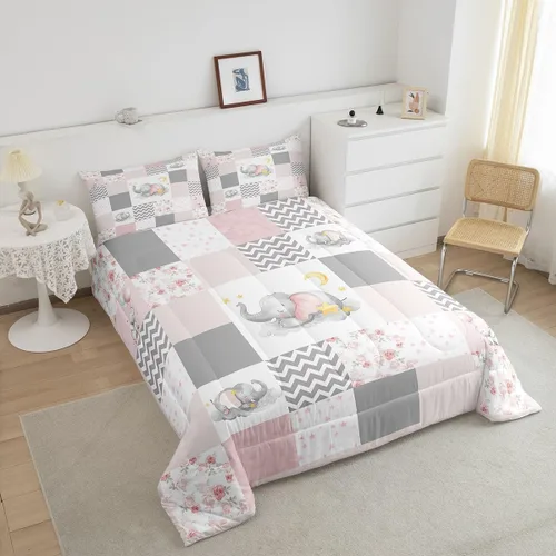 Miniatura 4 de Lindo juego de edredón de elefante, tamaño individual, juego de ropa de cama de dibujos animados Kawaii con flores de animales para niños y hombres