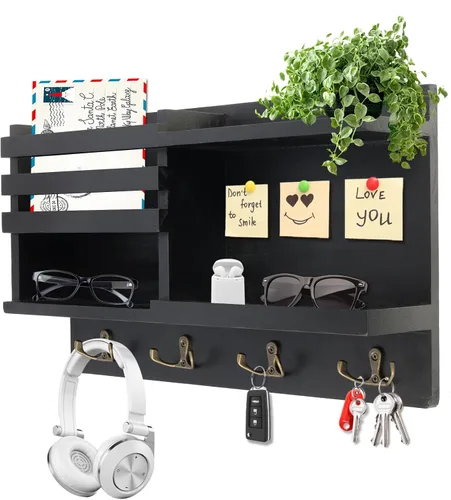 Miniatura 8 de Porta Llaves de Pared, Organizador de Llaves y Correo de Madera Sólida para Pared (Autoadhesivo o con Taladro), 8 Ganchos para Llavero para Entrada