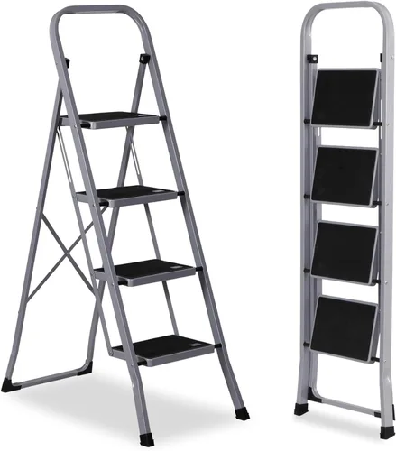 JungleA Escalera de Tijera, Escalera Plegable de 4 Escalones para Adultos, con Pedal Antideslizante Ancho, Capacidad de Carga de 330 libras, Gris