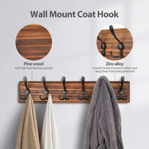 Miniatura 3 de Perchero de Pared de Montaje en Pared, Perchero de Pared de Madera Resistente para Pared, 6 Ganchos Triples para Colgar Abrigos, Chaqueta, Sombrero