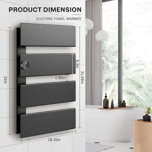 Miniatura 7 de K&KALONZO Calentador de toallas eléctrico, 18.35" An x 31" Al, calentador de toallas montado en pared con temporizador integrado, calentador