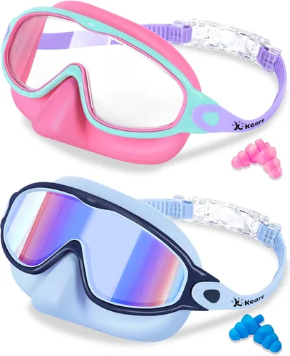 Miniatura 10 de Keary - Paquete de 2 gafas de natación para niños con cubierta nasal, anti-UV, antiempañamiento, para piscina y agua, para niños de 3 a 12 años