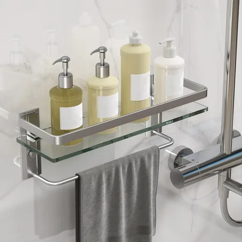 Miniatura 7 de Danpoo Estante de pared de baño con toallero, vidrio templado transparente, soporte para toallas de mano (plata mate)