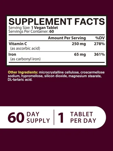 Miniatura 5 de Suplemento de hierro para mujeres y hombres, hierro de alta potencia de 65 mg con vitamina C 250 mg, píldoras de hierro aptas para el estómago
