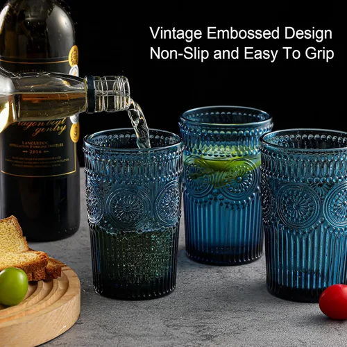 Miniatura 7 de ZMOWIPDL Juego de 6 vasos de cristal vintage para beber, 13 onzas, diseño de flores texturizadas azules, vasos de agua con rayas en relieve
