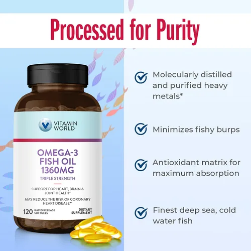 Miniatura 5 de Vitamin World Suplemento de aceite de pescado Omega 3 Triple Strength de 1360 mg, 950 mg de ácidos grasos omega-3 activos con EPA y DHA, apoya