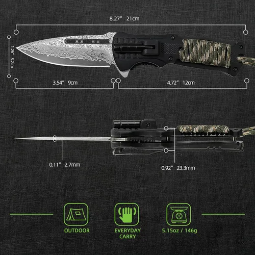 Miniatura 2 de XIPHIAS Damascus XK039DA - Cuchillo de supervivencia 6 en 1, multiherramienta plegable con luz LED, arrancador de fuego, silbato y paracaídas, clip