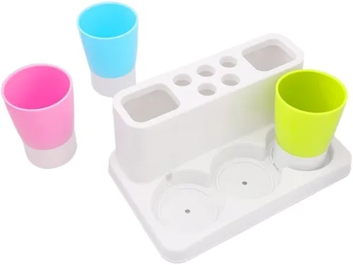 Miniatura 5 de Soporte para cepillo de dientes de 5 agujeros, soporte para pasta de dientes, organizador de baño con 3 tazas de enjuague para conjunto familiar